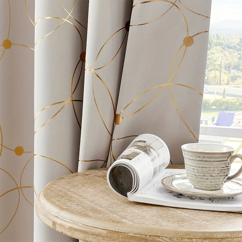Blackout Curtains – 2Pcs Thermal Insulated Drapes with Golden Wave & Circle Pattern - ZOOMNSTORE