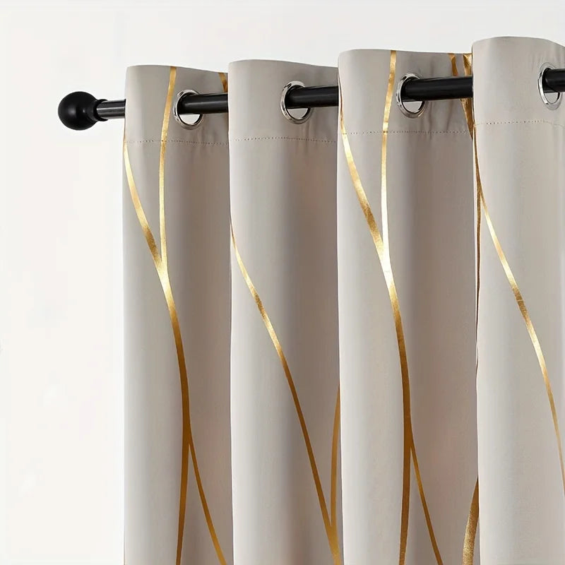 Blackout Curtains – 2Pcs Thermal Insulated Drapes with Golden Wave & Circle Pattern - ZOOMNSTORE