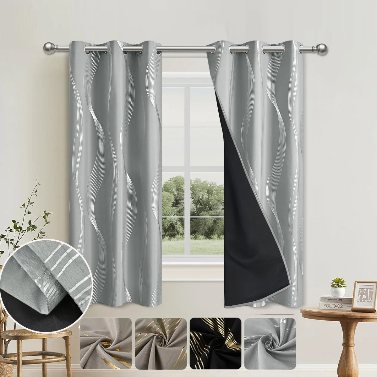 Blackout Curtains - Luxury Marble & Wave Pattern Grommet Top Drapes for Living Room - ZOOMNSTORE