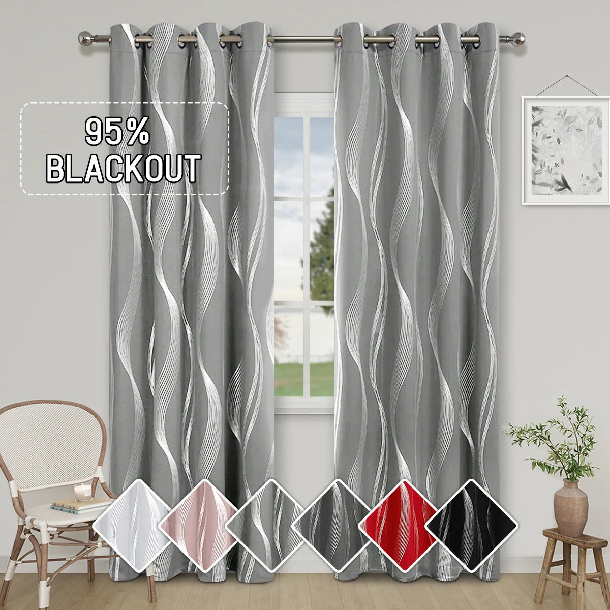 High Precision Blackout Curtains - Silver Embossed Wave Pattern for Light Blocking and Heat Retention - ZOOMNSTORE