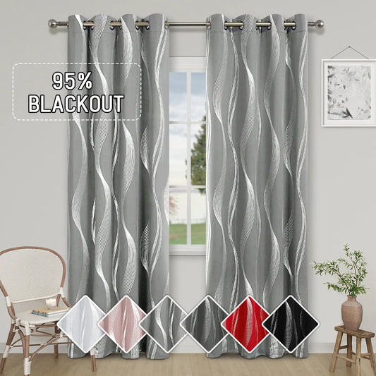 High Precision Blackout Curtains - Silver Embossed Wave Pattern for Light Blocking and Heat Retention - ZOOMNSTORE