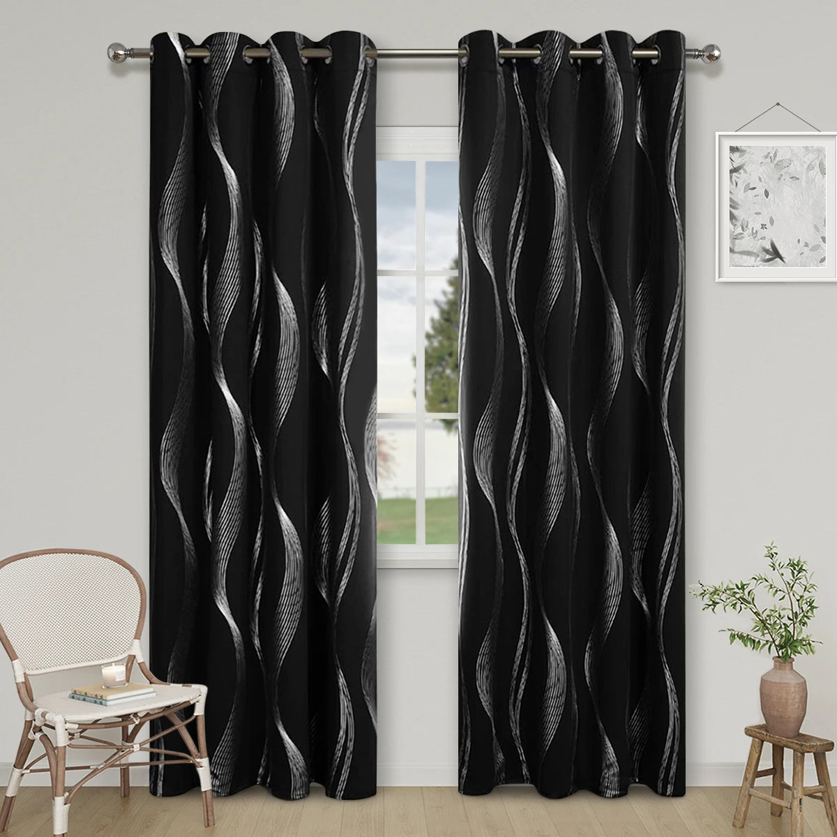 High Precision Blackout Curtains - Silver Embossed Wave Pattern for Light Blocking and Heat Retention - ZOOMNSTORE
