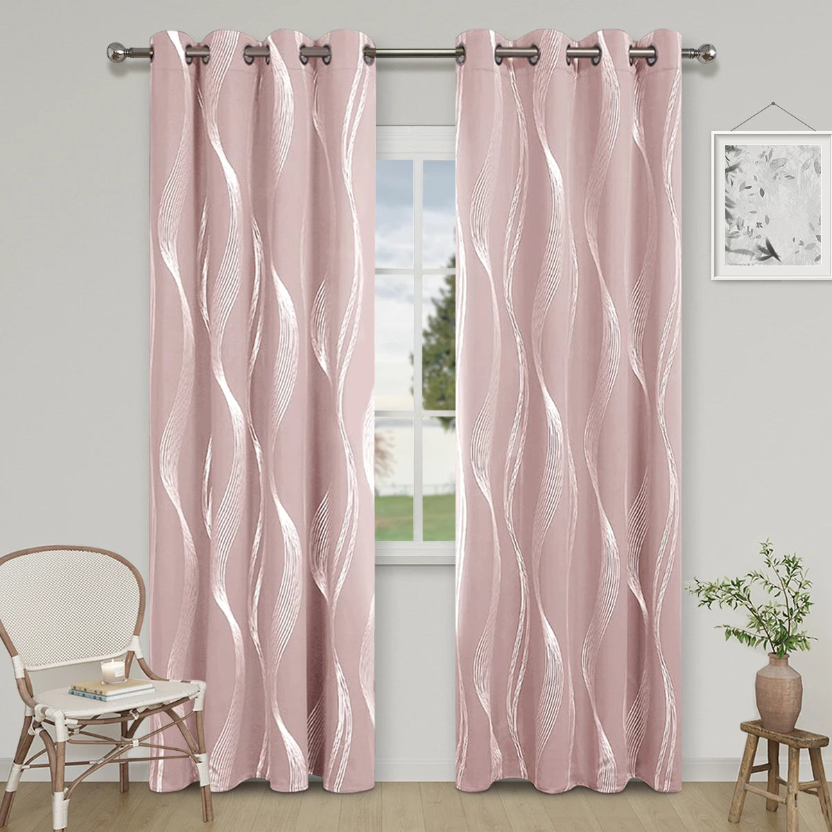 High Precision Blackout Curtains - Silver Embossed Wave Pattern for Light Blocking and Heat Retention - ZOOMNSTORE