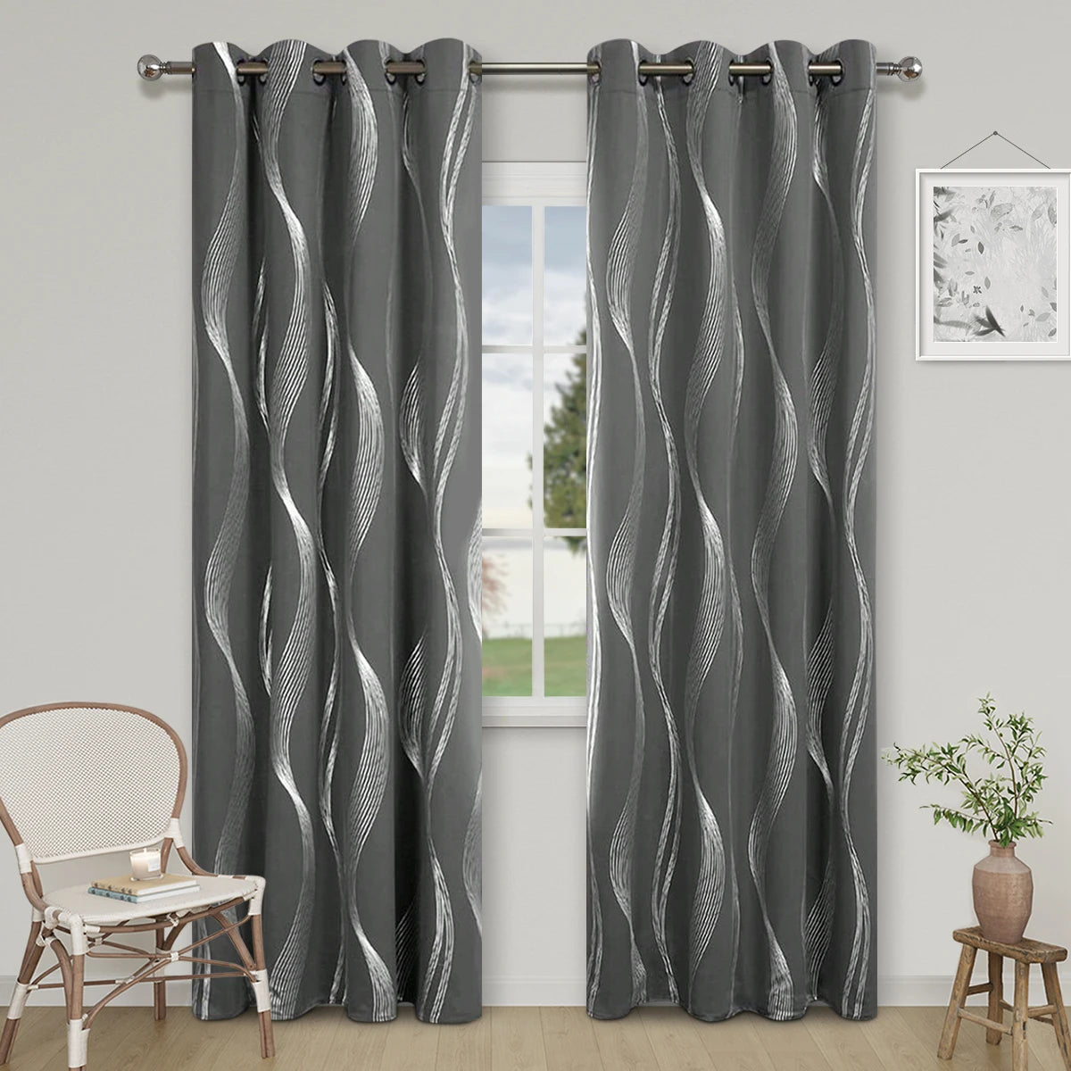 High Precision Blackout Curtains - Silver Embossed Wave Pattern for Light Blocking and Heat Retention - ZOOMNSTORE