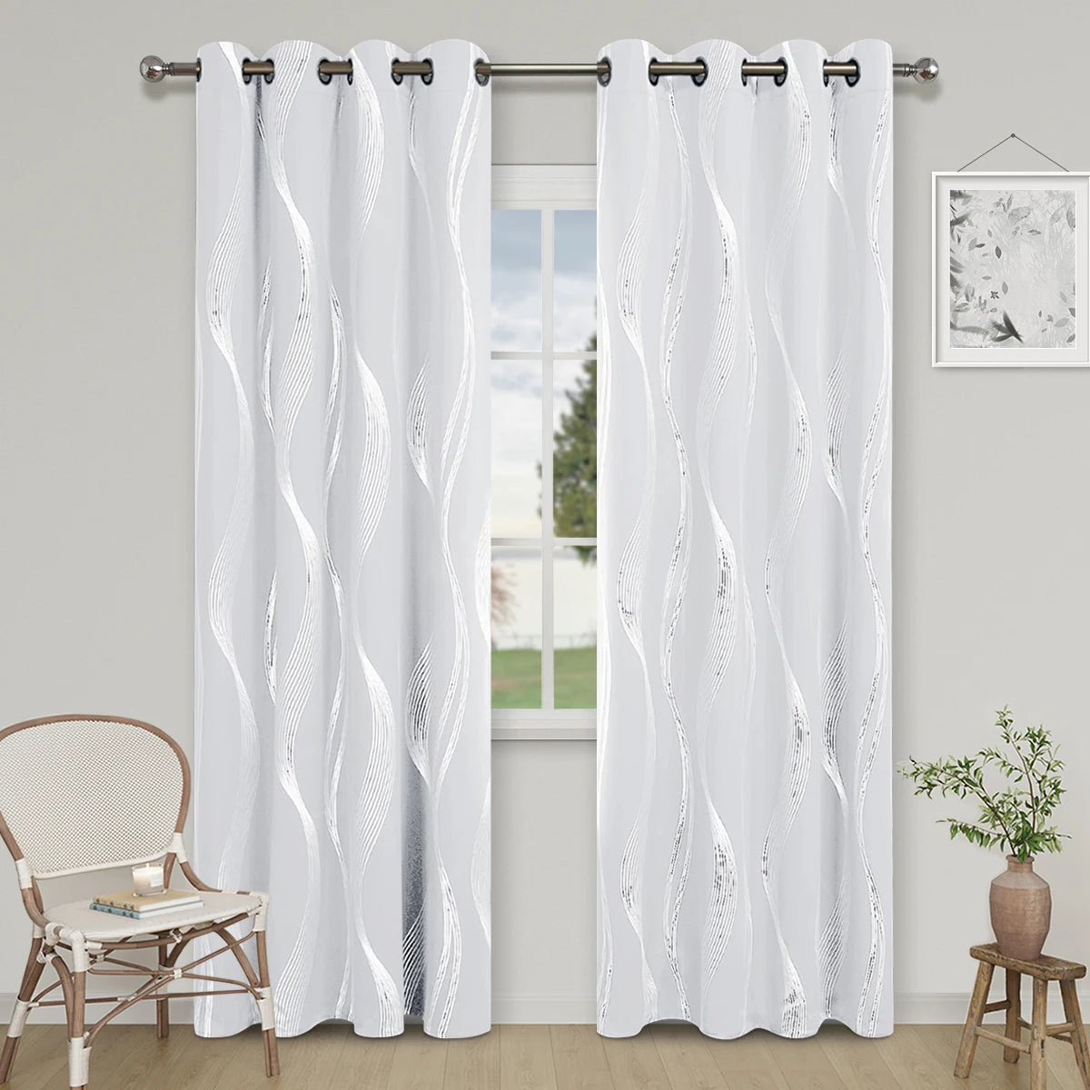 High Precision Blackout Curtains - Silver Embossed Wave Pattern for Light Blocking and Heat Retention - ZOOMNSTORE