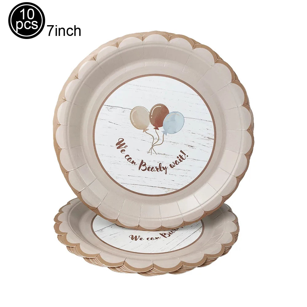 Blue Brown Bear Party Set - Disposable Plates Napkins Cups for Baby Shower or Birthday - ZOOMNSTORE