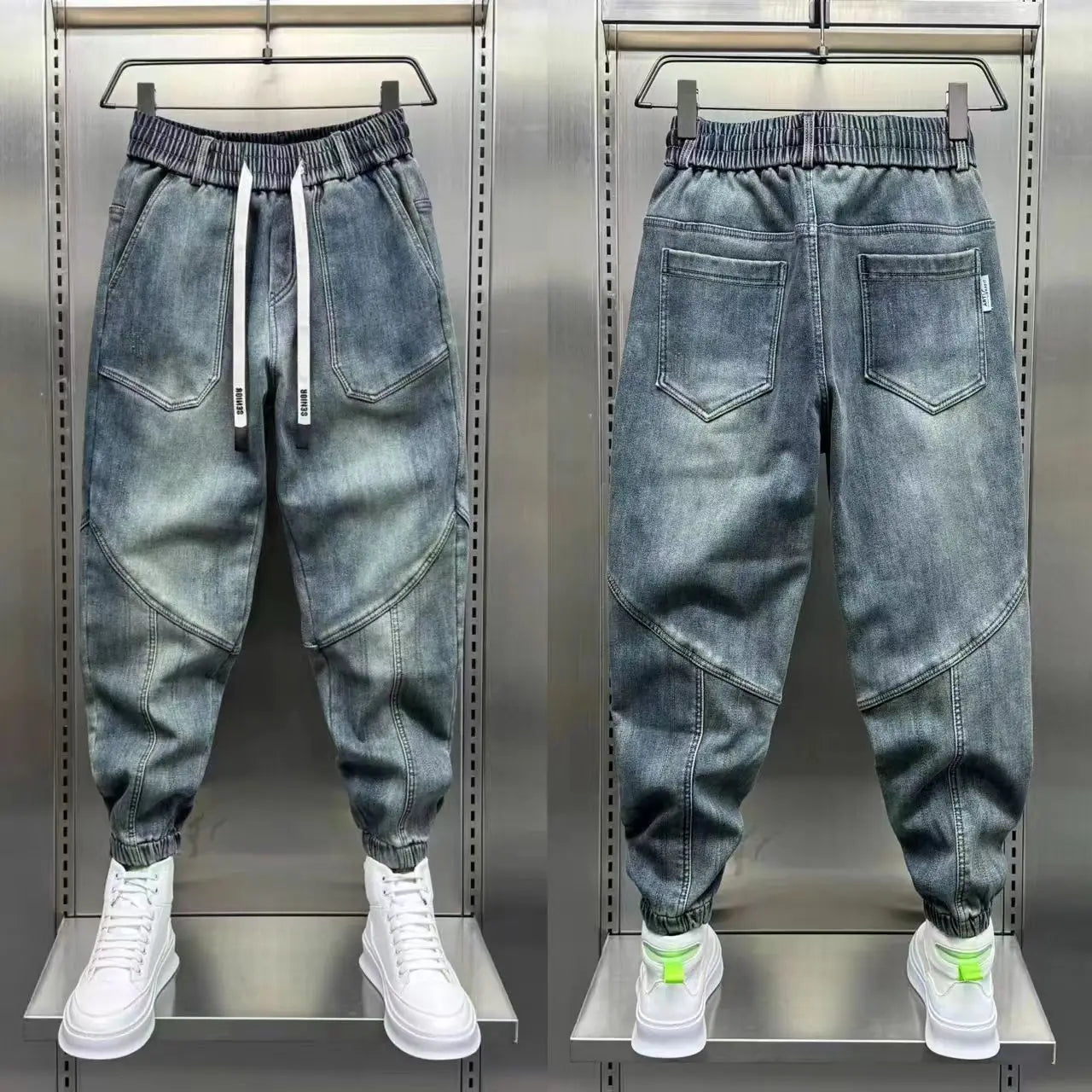 Blue Denim Jeans - Men's Cargo Pants With Elastic Waist Cuffs & Loose Harem Fit - ZOOMNSTORE