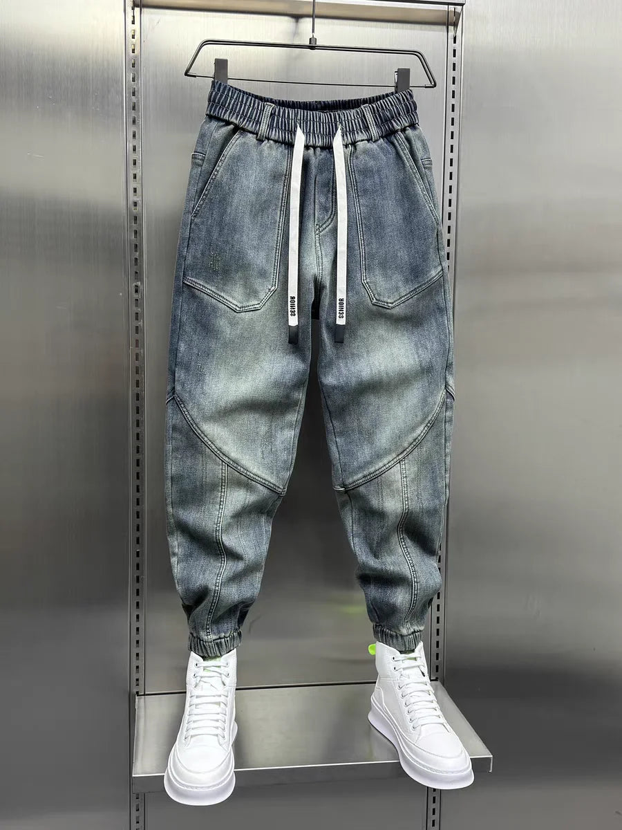 Blue Denim Jeans - Men's Cargo Pants With Elastic Waist Cuffs & Loose Harem Fit - ZOOMNSTORE