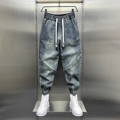 Blue Denim Jeans - Men's Cargo Pants With Elastic Waist Cuffs & Loose Harem Fit - ZOOMNSTORE