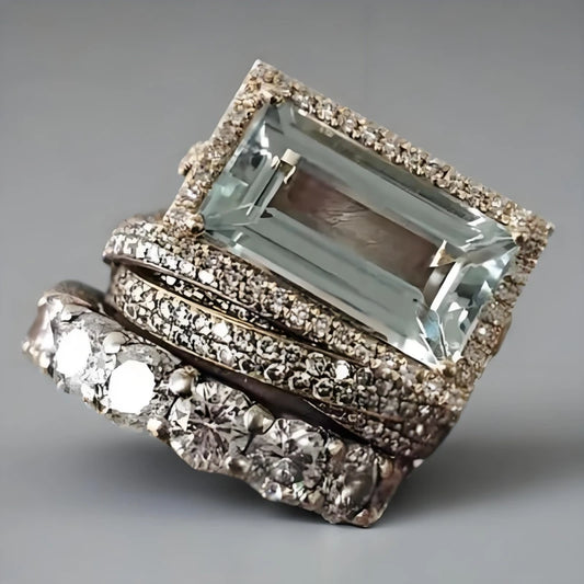 2025 New Fashion Three Piece Set Blue Square Zircon Rings For Women Party Idea Gifts Custom Jewelry - ZOOMNSTORE
