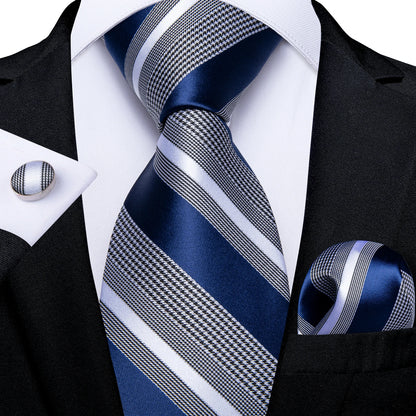 Luxury Blue Striped Mens Necktie Set - 8cm Width with Pocket Square  Cufflinks for Wedding  Business - ZOOMNSTORE
