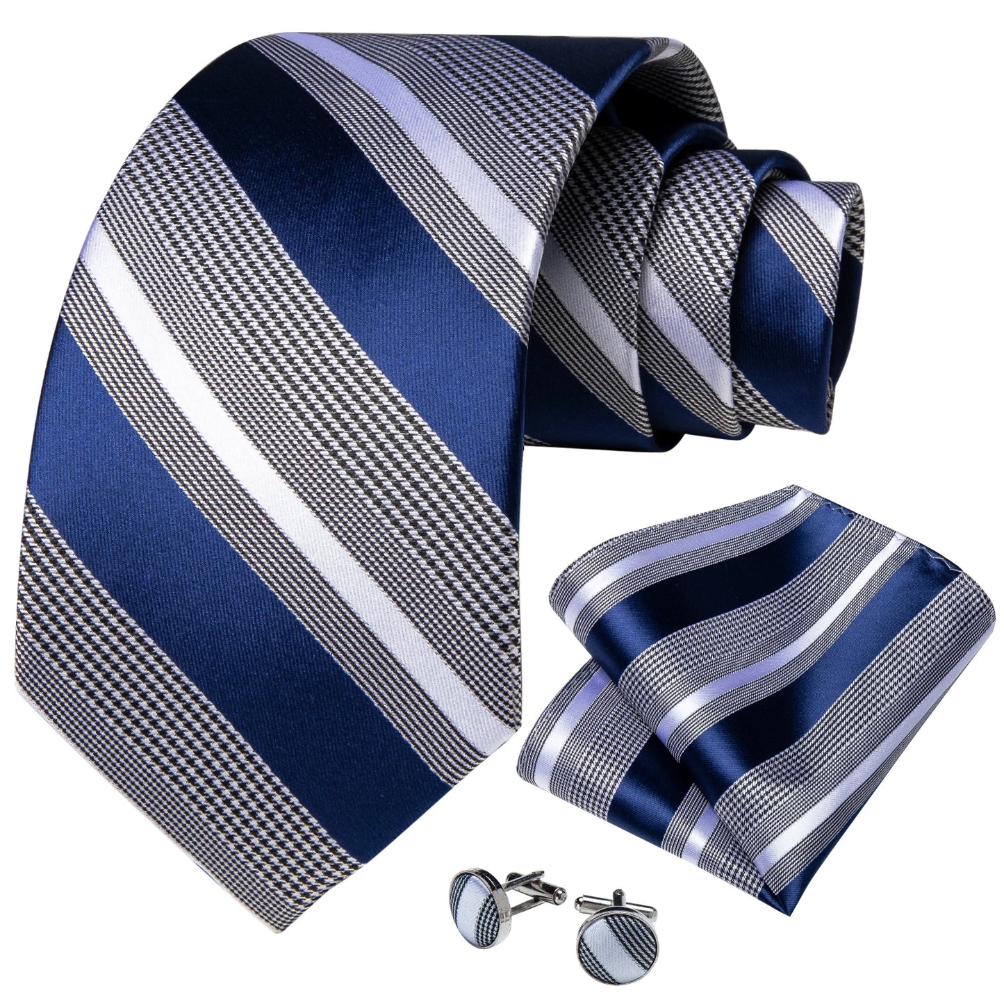 Luxury Blue Striped Mens Necktie Set - 8cm Width with Pocket Square  Cufflinks for Wedding  Business - ZOOMNSTORE