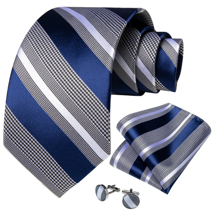 Luxury Blue Striped Mens Necktie Set - 8cm Width with Pocket Square  Cufflinks for Wedding  Business - ZOOMNSTORE