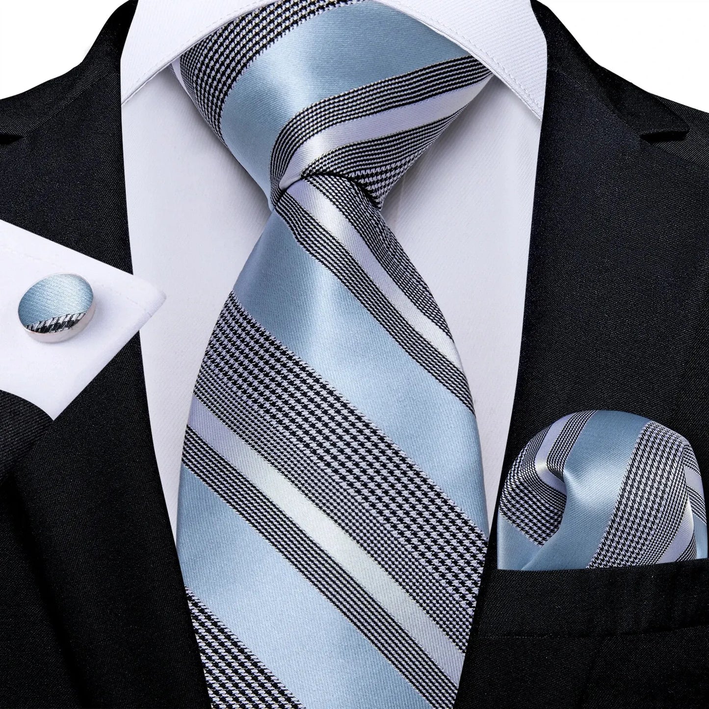 Luxury Blue Striped Mens Necktie Set - 8cm Width with Pocket Square  Cufflinks for Wedding  Business - ZOOMNSTORE