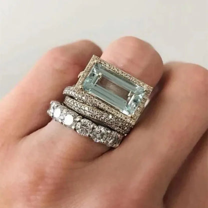 2025 New Fashion Three Piece Set Blue Square Zircon Rings For Women Party Idea Gifts Custom Jewelry - ZOOMNSTORE