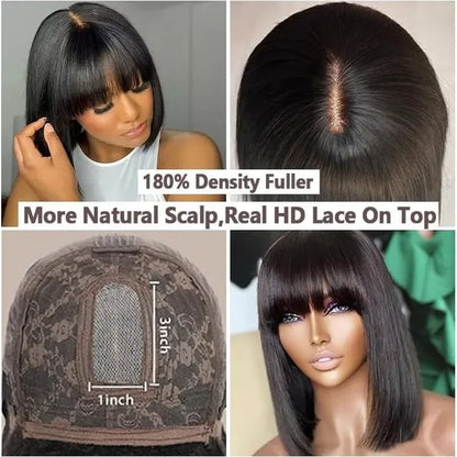 Bob Wig Human Hair – Short Straight Black Lace Front Wig With Bleached Knots - ZOOMNSTORE