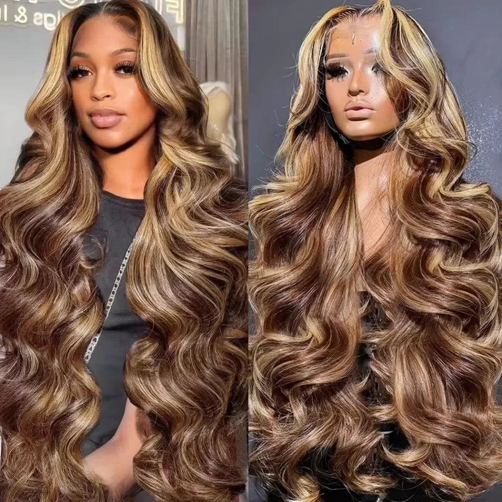 Body Wave Human Hair Wig – Ombre Brown Honey Blonde 13x6 Lace, Preplucked Hairline - ZOOMNSTORE