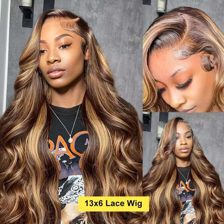 Body Wave Human Hair Wig – Ombre Brown Honey Blonde 13x6 Lace, Preplucked Hairline - ZOOMNSTORE