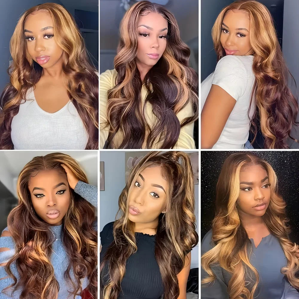 Body Wave Human Hair Wig – Ombre Brown Honey Blonde 13x6 Lace, Preplucked Hairline - ZOOMNSTORE