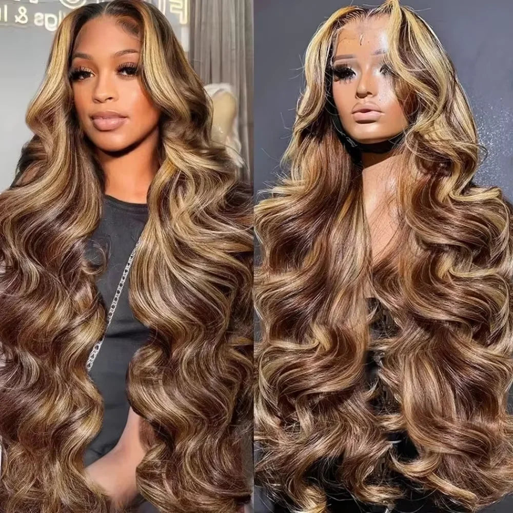 Body Wave Human Hair Wig – Ombre Brown Honey Blonde 13x6 Lace, Preplucked Hairline - ZOOMNSTORE