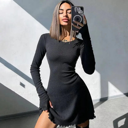Bodycon Mini Dress - Knitted Streetwear Slim Fit Women's Dress With Long Sleeve - ZOOMNSTORE