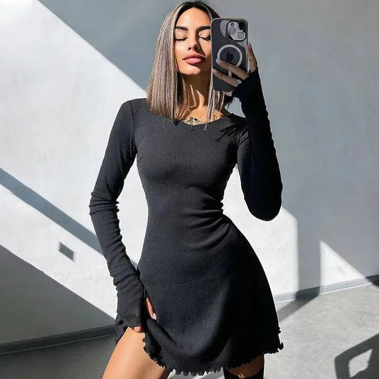 Bodycon Mini Dress - Knitted Streetwear Slim Fit Women's Dress With Long Sleeve - ZOOMNSTORE