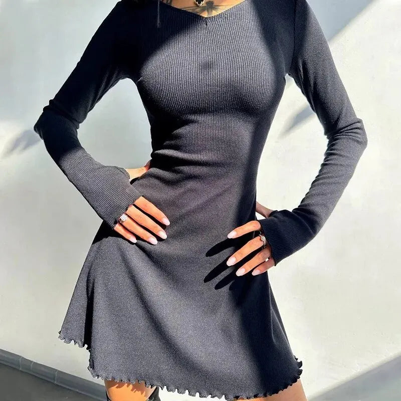 Bodycon Mini Dress - Knitted Streetwear Slim Fit Women's Dress With Long Sleeve - ZOOMNSTORE