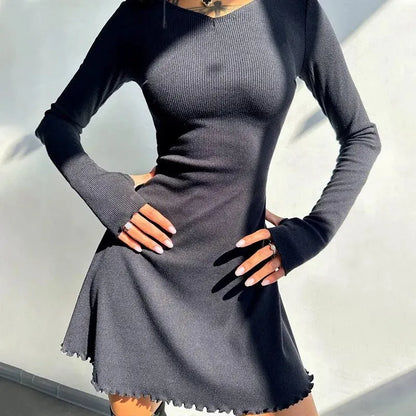 Bodycon Mini Dress - Knitted Streetwear Slim Fit Women's Dress With Long Sleeve - ZOOMNSTORE