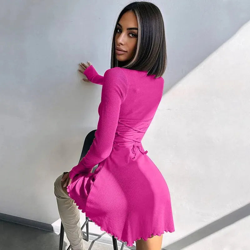 Bodycon Mini Dress - Knitted Streetwear Slim Fit Women's Dress With Long Sleeve - ZOOMNSTORE
