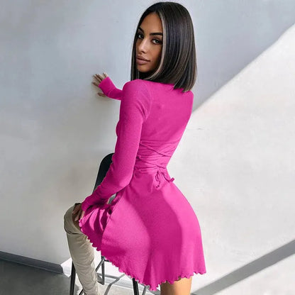 Bodycon Mini Dress - Knitted Streetwear Slim Fit Women's Dress With Long Sleeve - ZOOMNSTORE