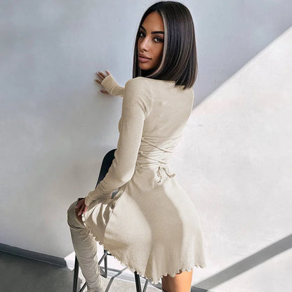 Bodycon Mini Dress - Knitted Streetwear Slim Fit Women's Dress With Long Sleeve - ZOOMNSTORE