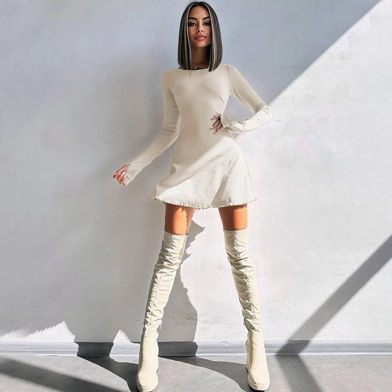 Bodycon Mini Dress - Knitted Streetwear Slim Fit Women's Dress With Long Sleeve - ZOOMNSTORE