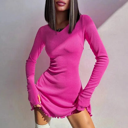 Bodycon Mini Dress - Knitted Streetwear Slim Fit Women's Dress With Long Sleeve - ZOOMNSTORE