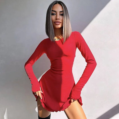 Bodycon Mini Dress - Knitted Streetwear Slim Fit Women's Dress With Long Sleeve - ZOOMNSTORE