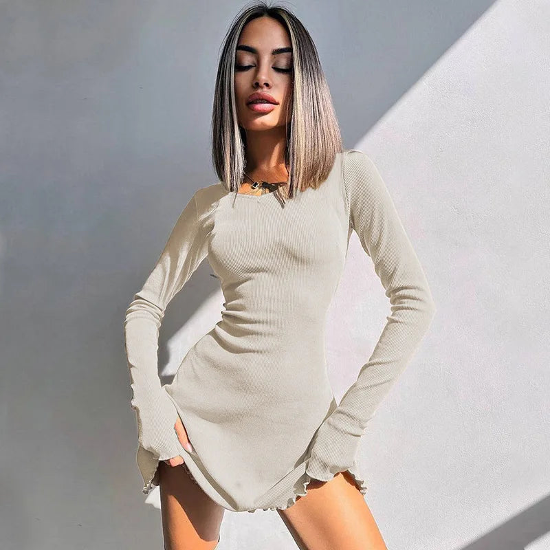 Bodycon Mini Dress - Knitted Streetwear Slim Fit Women's Dress With Long Sleeve - ZOOMNSTORE