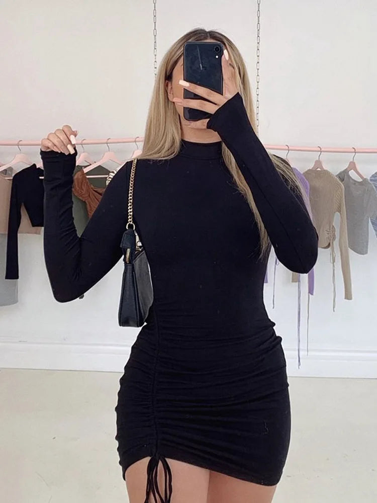 Bodycon Mini Dress - Long Sleeve Turtleneck Bandage Black Party Dress With Ruched Detail - ZOOMNSTORE