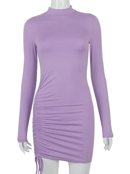 Bodycon Mini Dress - Long Sleeve Turtleneck Bandage Black Party Dress With Ruched Detail - ZOOMNSTORE