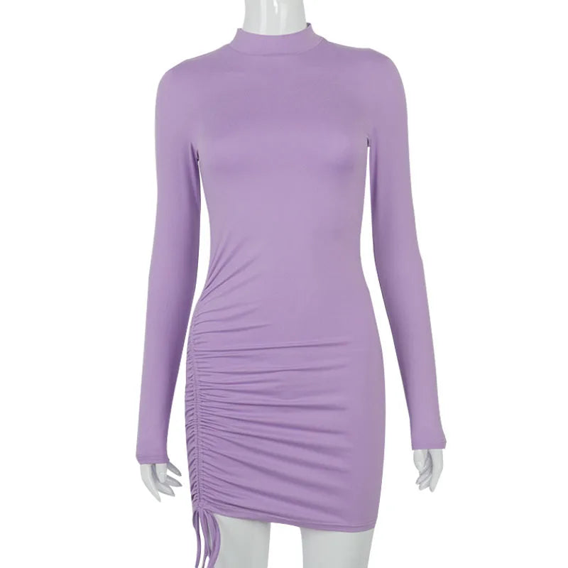 Bodycon Mini Dress - Long Sleeve Turtleneck Bandage Black Party Dress With Ruched Detail - ZOOMNSTORE