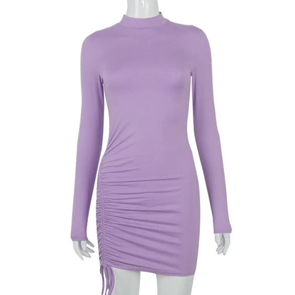 Bodycon Mini Dress - Long Sleeve Turtleneck Bandage Black Party Dress With Ruched Detail - ZOOMNSTORE