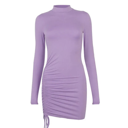 Bodycon Mini Dress - Long Sleeve Turtleneck Bandage Black Party Dress With Ruched Detail - ZOOMNSTORE