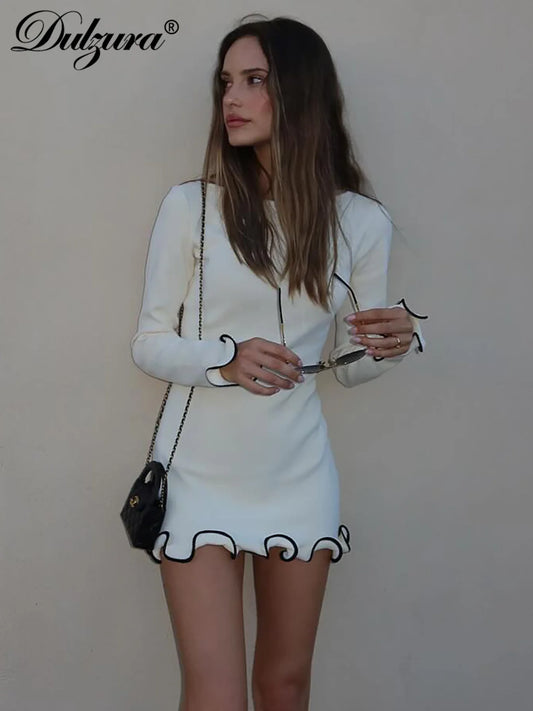 Elegant Bodycon Mini Dress - O-Neck Long Sleeves Ruffles for Party  Streetwear - ZOOMNSTORE