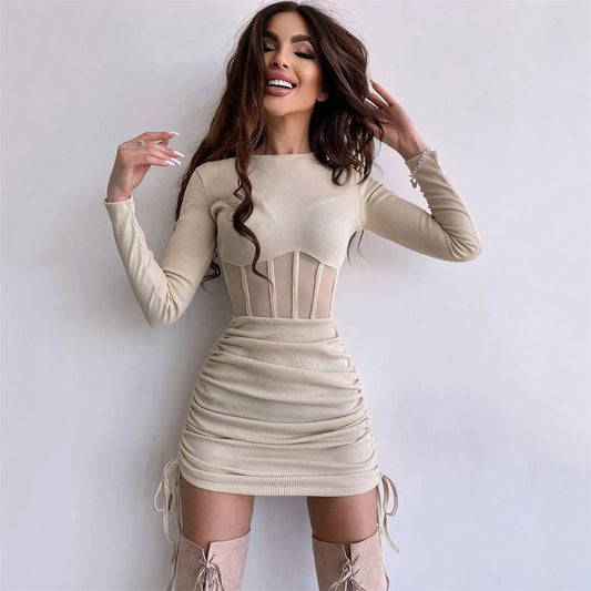 Bodycon Dress - Shirring Mesh Long Sleeve Mini Vestido Sexy Fashion High Street Wear - ZOOMNSTORE
