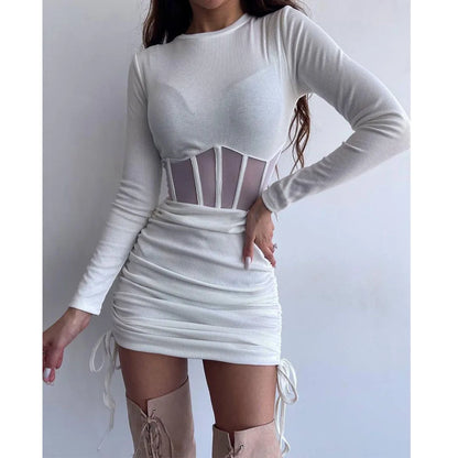 Bodycon Dress - Shirring Mesh Long Sleeve Mini Vestido Sexy Fashion High Street Wear - ZOOMNSTORE