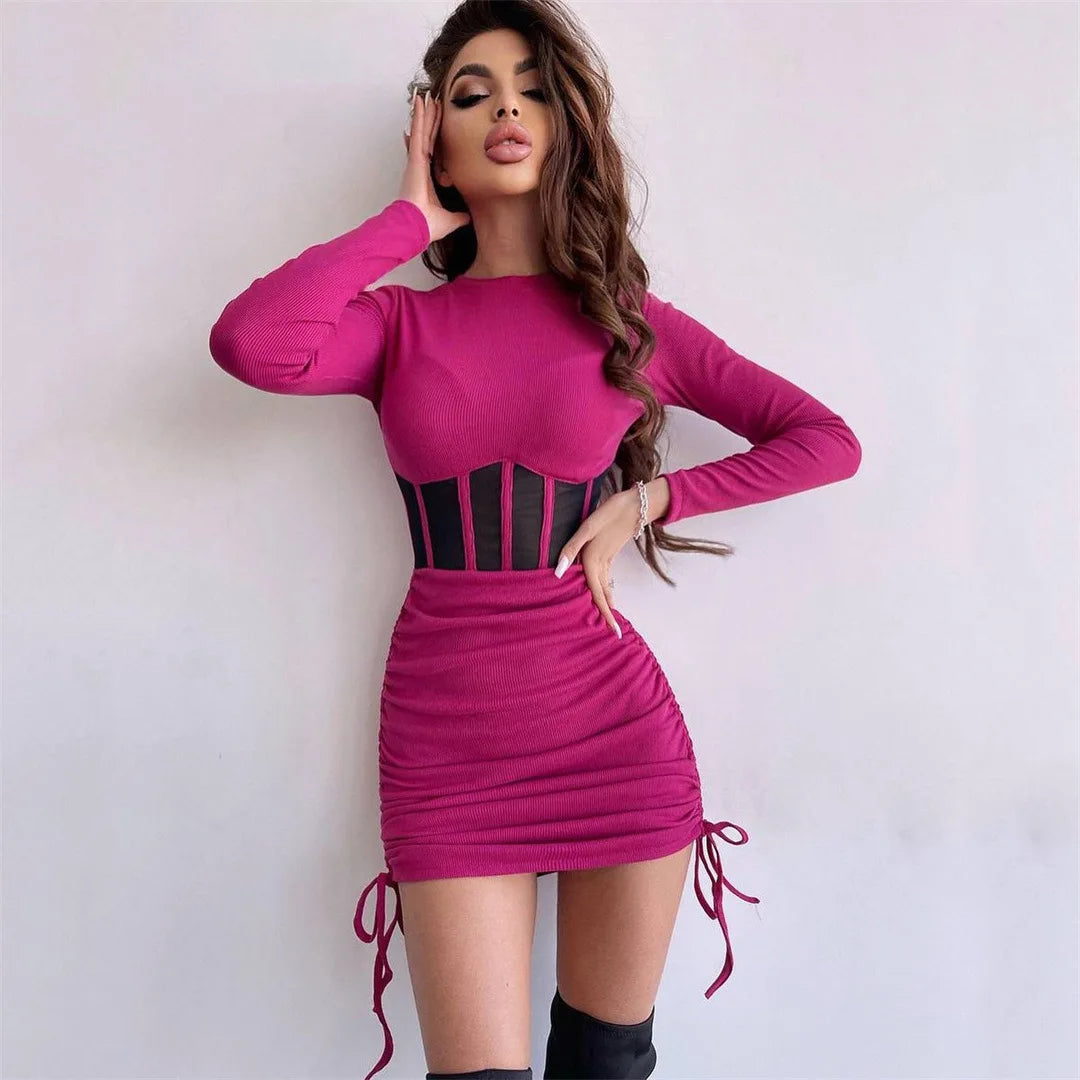 Bodycon Dress - Shirring Mesh Long Sleeve Mini Vestido Sexy Fashion High Street Wear - ZOOMNSTORE