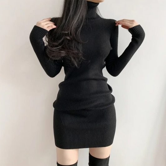 Womens Turtleneck Bodycon Dress - Warm Long Sleeve Knit Mini Dress for Office  Casual Wear - ZOOMNSTORE