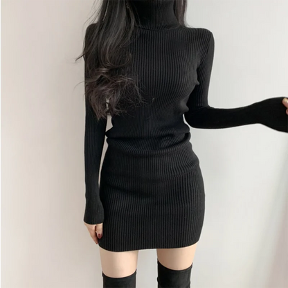 Womens Turtleneck Bodycon Dress - Warm Long Sleeve Knit Mini Dress for Office  Casual Wear - ZOOMNSTORE