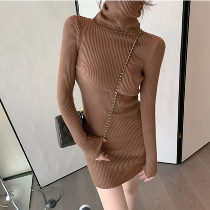 Womens Turtleneck Bodycon Dress - Warm Long Sleeve Knit Mini Dress for Office  Casual Wear - ZOOMNSTORE
