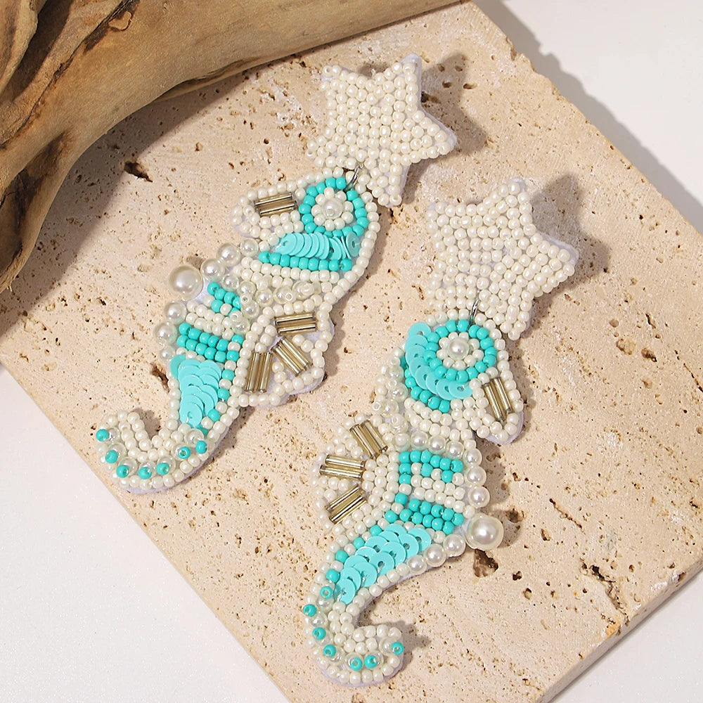 Bohemian Ocean Animal Earrings - Starfish Lobster Conch Seed Bead Drop Earrings for Women - ZOOMNSTORE