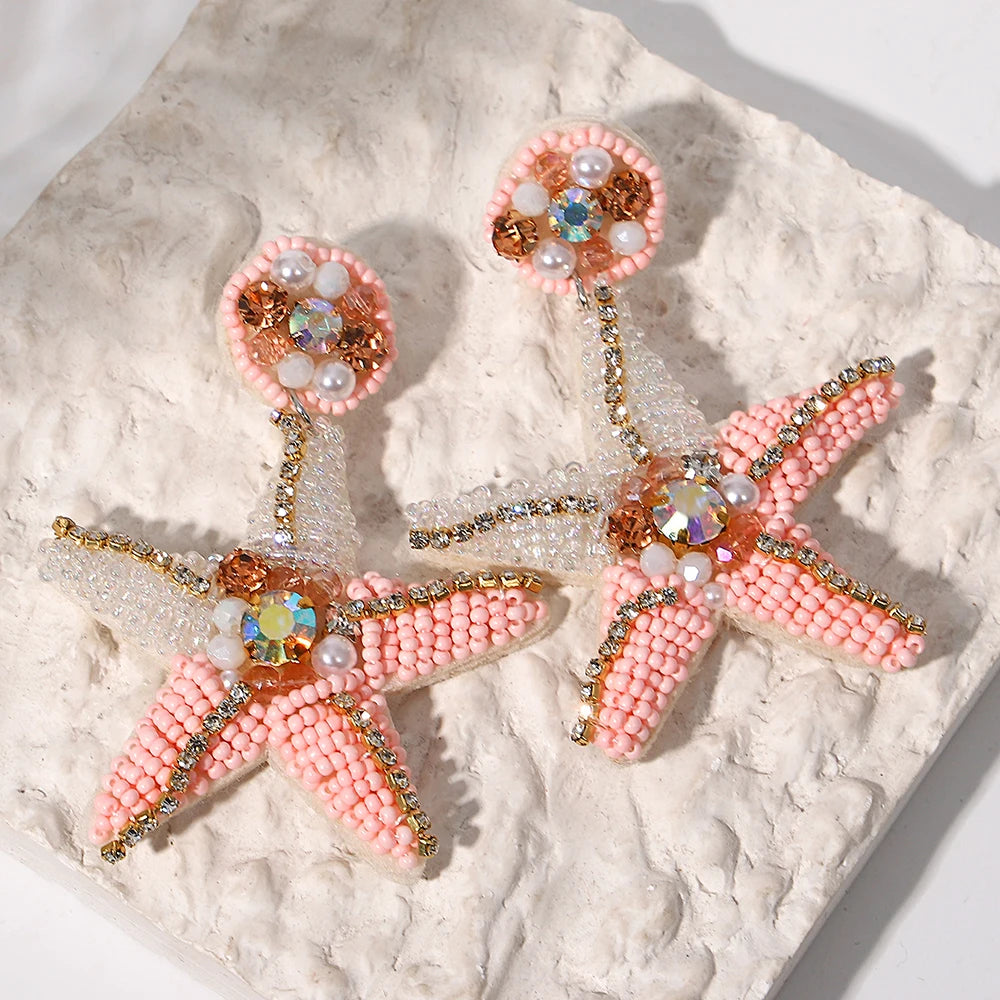 Bohemian Ocean Animal Earrings - Starfish Lobster Conch Seed Bead Drop Earrings for Women - ZOOMNSTORE