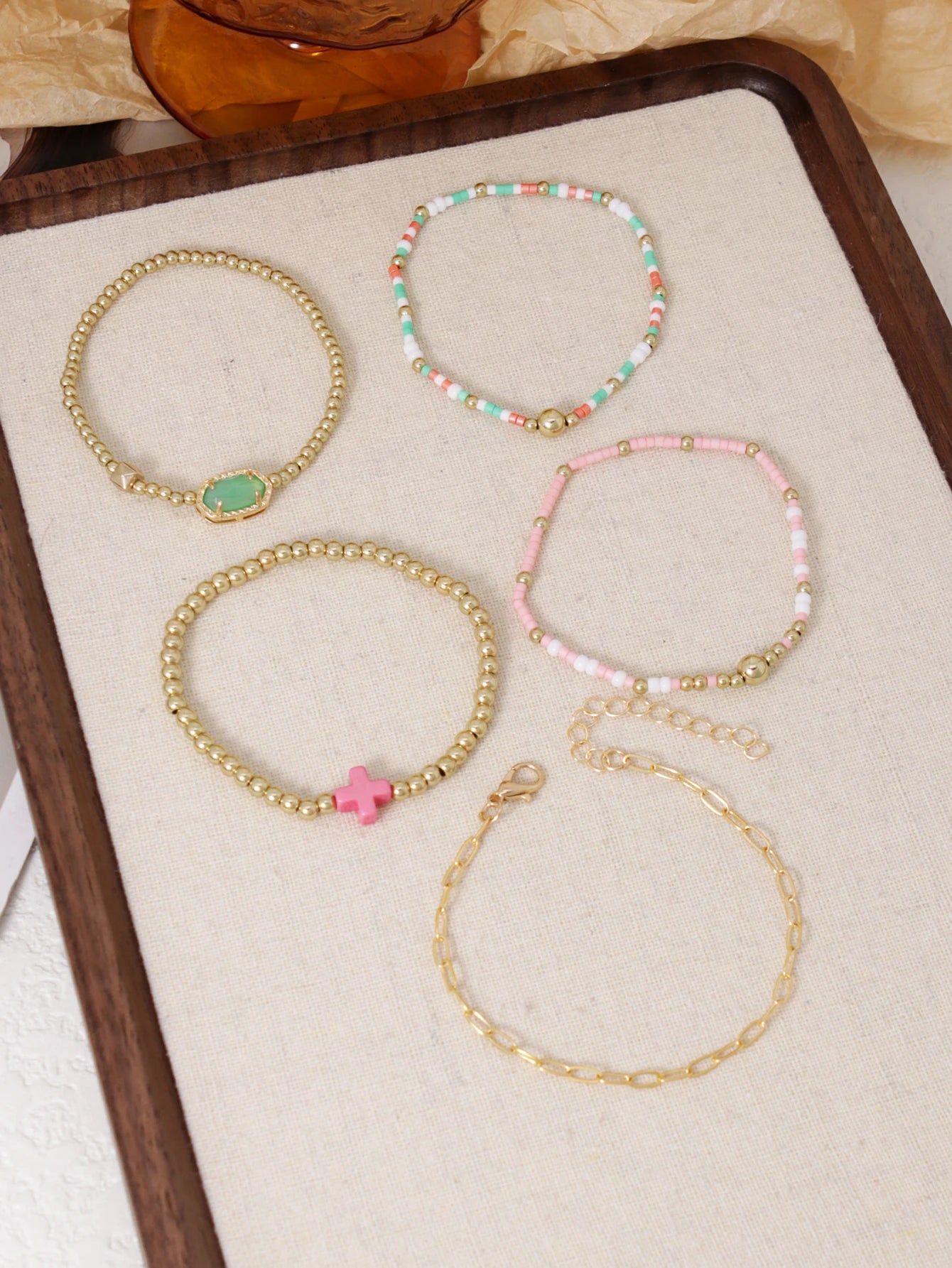 Bohemian Gold Glass Bead Stretch Bracelet Set - Handmade Vacation Jewelry for Girls - ZOOMNSTORE